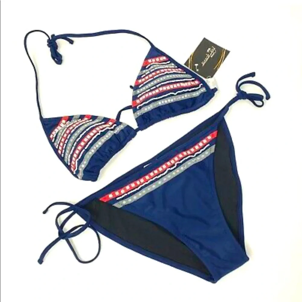 NWT BEACH JOY 2 Pc Navy, Red & White Beaded & Sequin String Bikini Set Sz Small - Picture 1 of 9
